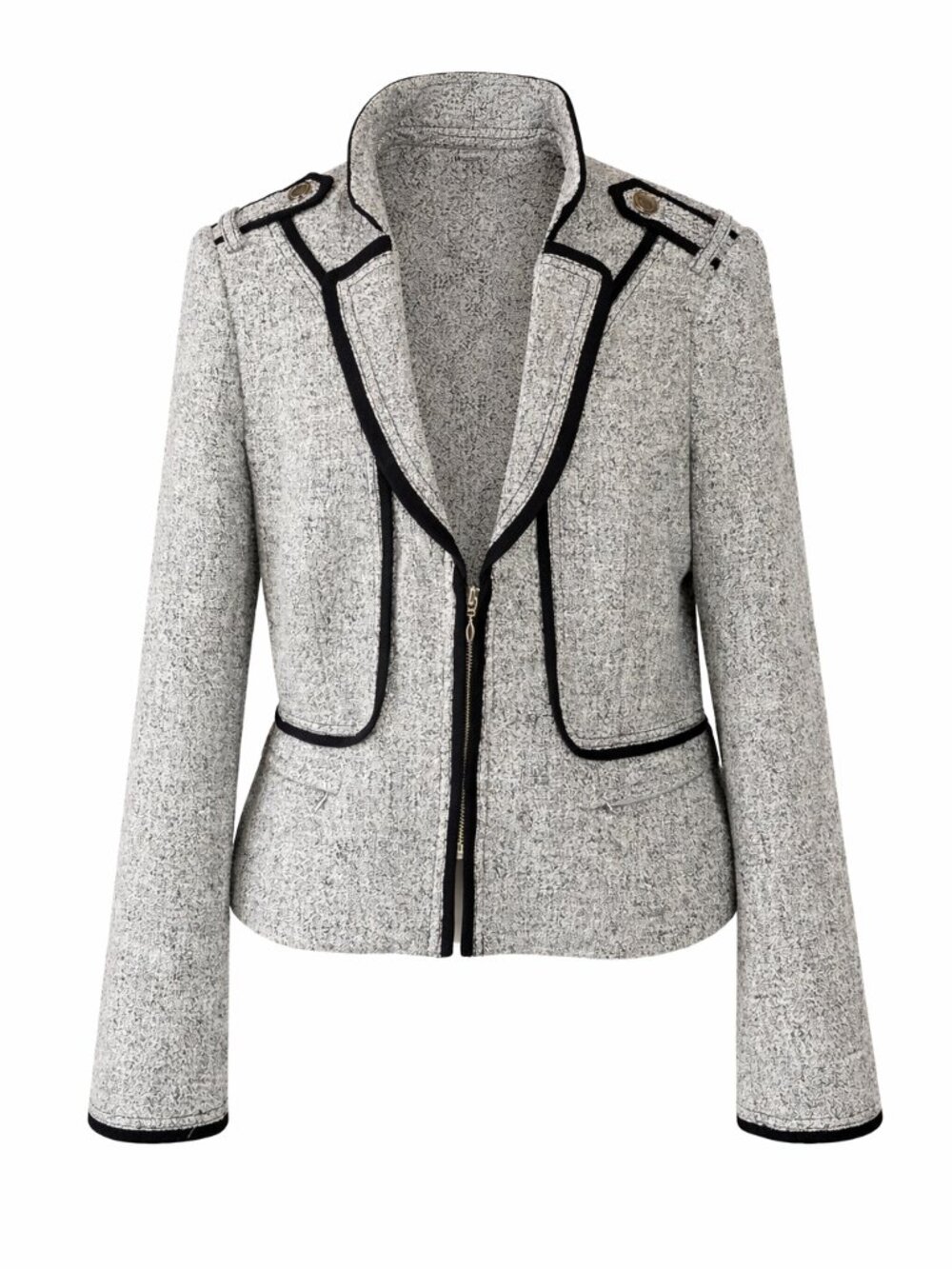 WHBM Tweed Blazer Jacket Military Style Zip Front Black Trim Size 10